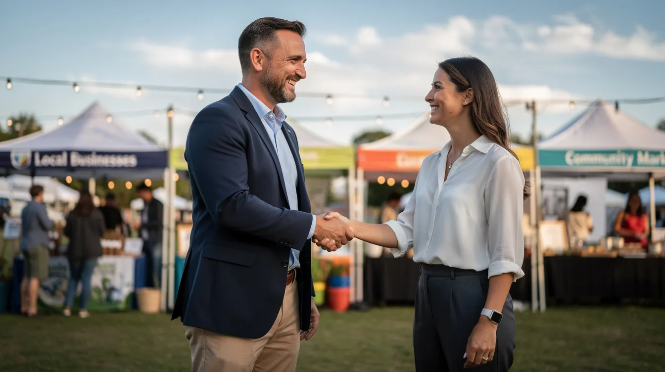 Two business owners are shaking hands at an outdoor community event, surrounded by colorful tents and banners promoting local businesses. This interaction highlights the importance of building relationships and community support, essential for enhancing online visibility and attracting local customers through effective local SEO strategies.