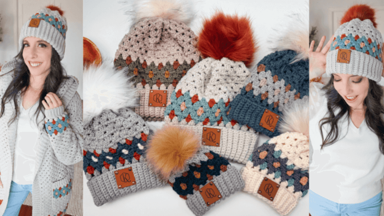 A woman wearing a colorful winter hat with playful patterns