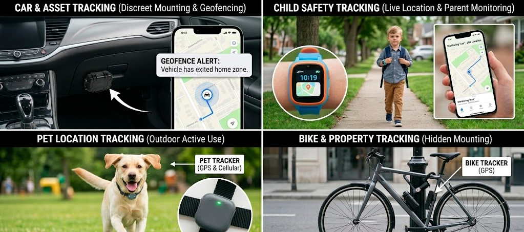 GPS tracker use cases showing car tracking, child smartwatch tracking, pet collar tracker, and bike security with real-time location on smartphone