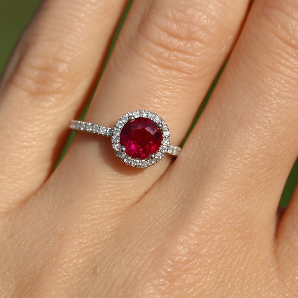 Sužadėtuvių žiedas su rubinu apvalios formos ir deimantais