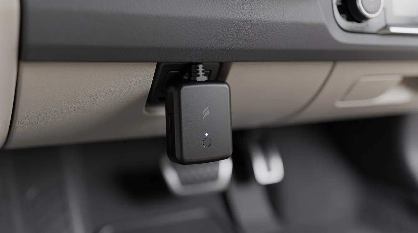 The image shows a small black electronic module plugged into the OBD-II port located underneath a vehicle dashboard, designed for dynamic fuel management systems in GM vehicles. This module may help improve throttle response and prevent lifter failure by disabling the AFM system for a smoother driving experience.