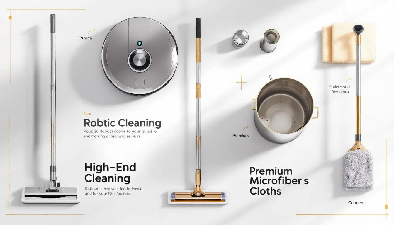 A variety of cleaning tools and equipment used for additional home maintenance services.