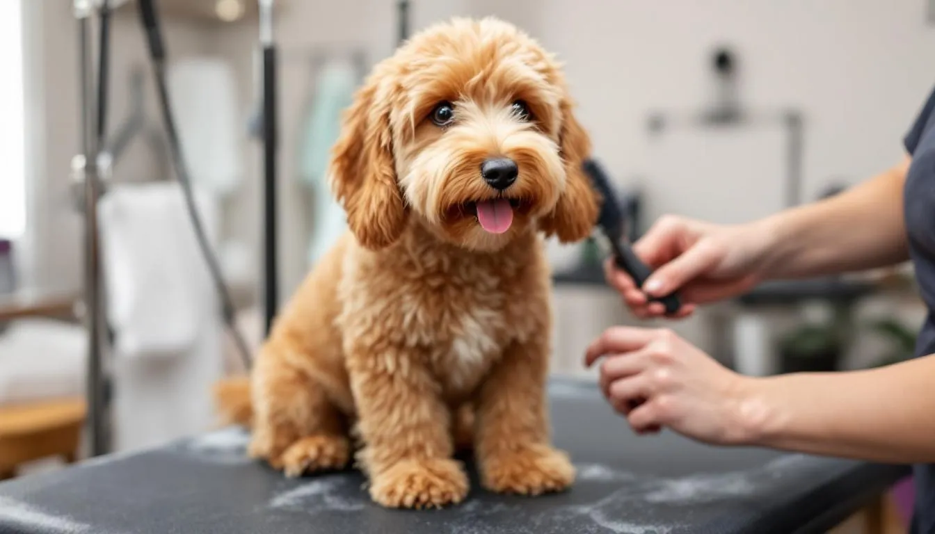 A toy goldendoodle, fully grown with a curly coat, is being professionally groomed, showcasing proper brushing techniques that help maintain its fluffy appearance. The friendly nature of this breed makes grooming sessions a pleasant experience for both the dog and the groomer.