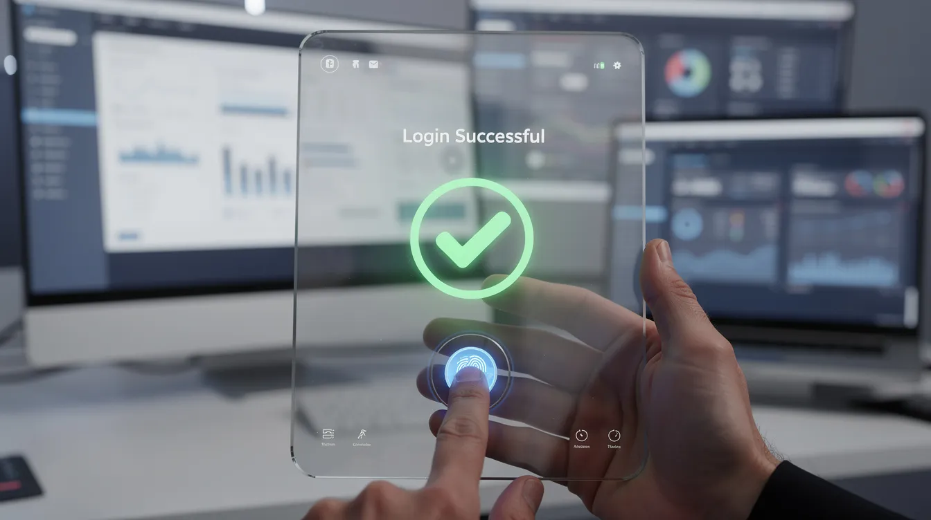 A close-up image of a high-tech glass tablet shows a "Login Successful" message accompanied by a large green checkmark, while a human thumb is pressed against a glowing biometric scanner. In the blurred background, multiple browser windows display various logged-in dashboards, highlighting the seamless access provided by single sign-on (SSO) solutions for user credentials and authentication processes.