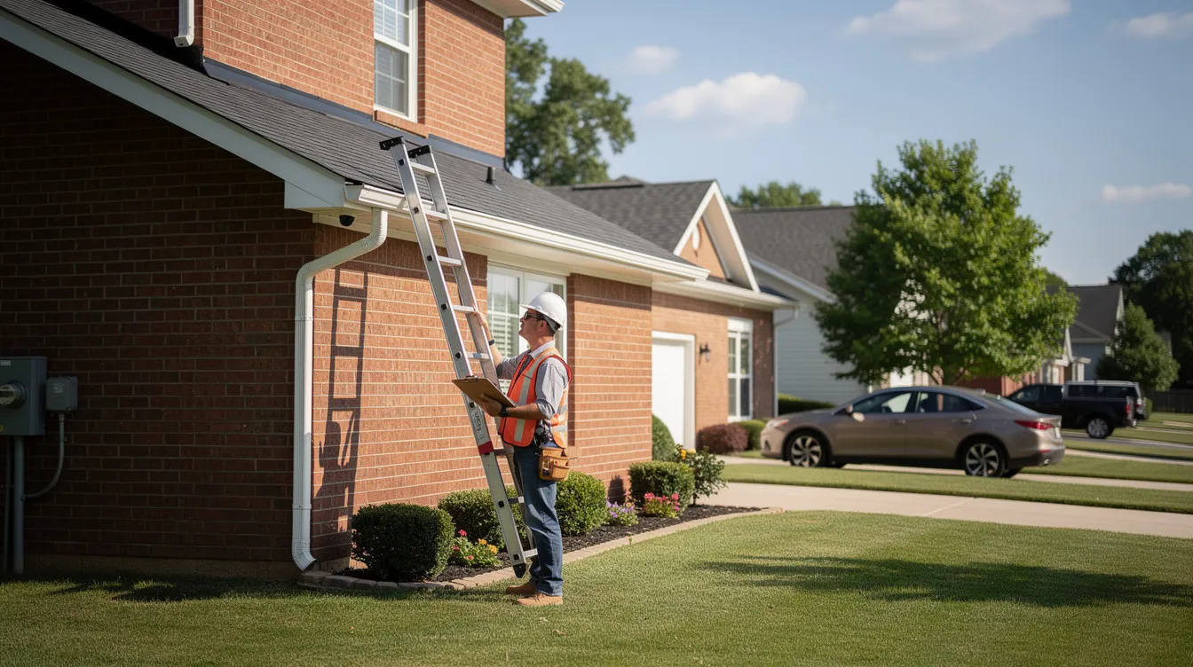 Real Estate Agency in Huntsville: How to Choose the Right Real Estate Agent or Broker A home inspector, dressed in a safety helmet and carrying tools, is carefully examining the roof and gutters of a brick house in a suburban neighborhood. This inspection is crucial for prospective buyers and real estate agents to assess the property's condition before finalizing any real estate transactions.