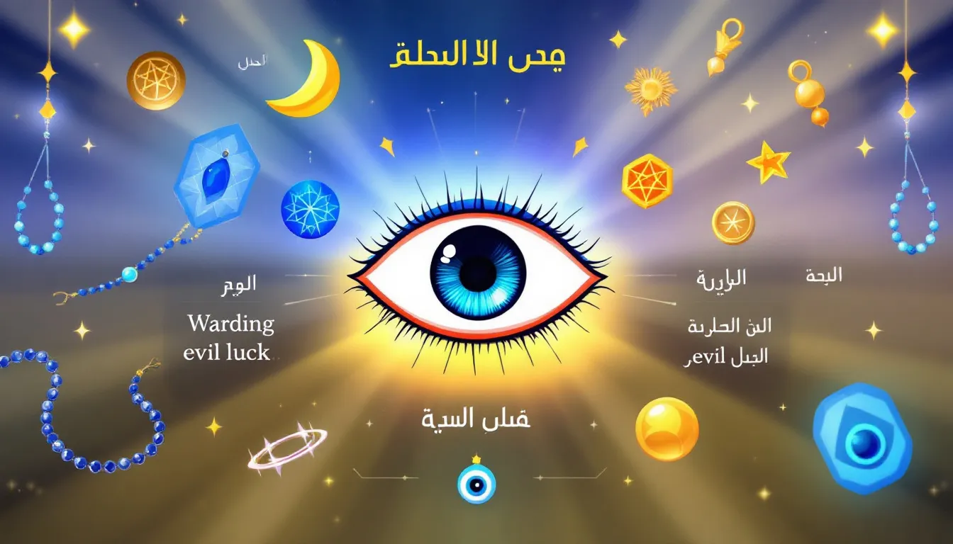 The image depicts various lucky charms and symbols believed to ward off the evil eye, including a rabbit's foot, four-leaf clover, and dream catchers, showcasing how different cultures around the world incorporate these lucky objects to bring good fortune and protect against bad spirits. The arrangement highlights the mystical powers and common beliefs associated with these symbols throughout history.