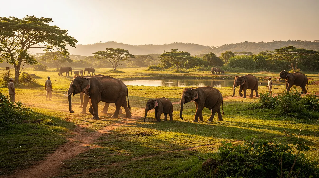 Imagem de um santuário de elefantes na Tailândia, onde os animais são cuidados em um ambiente natural e acolhedor. O cenário inclui elefantes interagindo com visitantes, proporcionando uma experiência única de conexão com a vida selvagem.