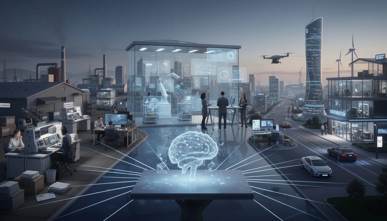 The image illustrates the impact of AI industry technologies on business processes, showcasing various AI tools and automation solutions that streamline workflows and enhance operational efficiency. It highlights the use of machine learning algorithms and natural language processing in automating routine tasks, improving customer interactions, and reducing human error in data analysis.