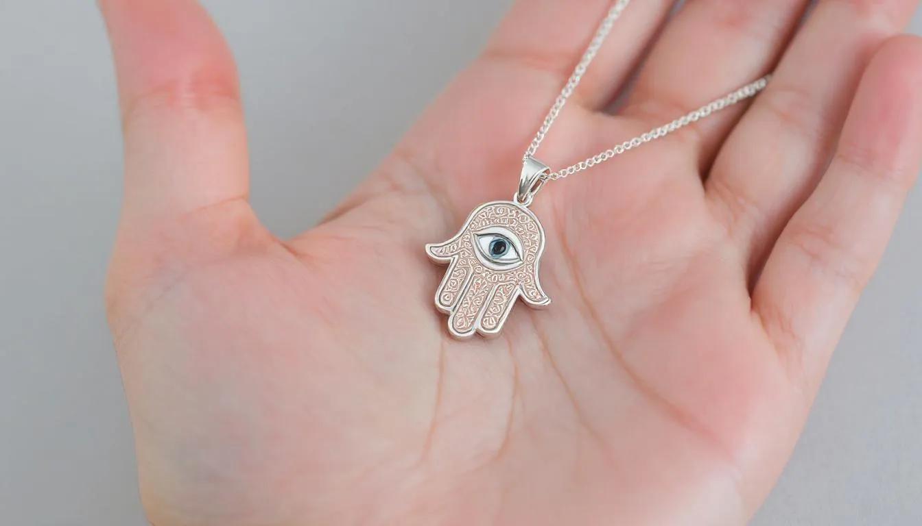The image features a beautifully handcrafted silver hamsa hand necklace, a symbol believed to provide protection and good fortune to the wearer. This age-old amulet, often adorned with an evil eye charm, is one of the most iconic talismans across various cultures, representing blessings, strength, and security for loved ones.
