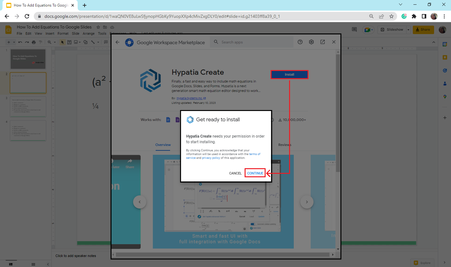 when the "Hypatia Create" appears, click "install and select "continue to start installing.