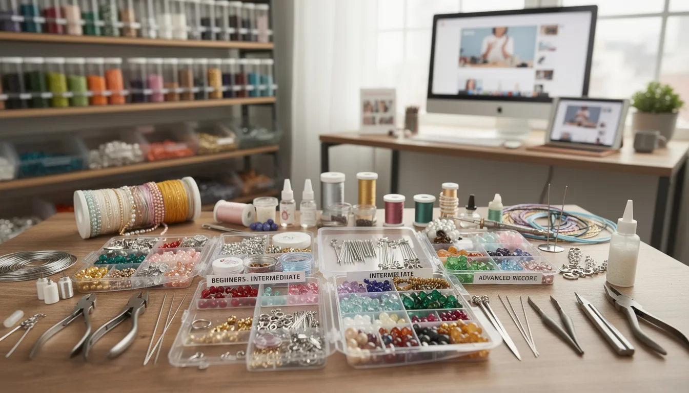 An inviting bead shop showcases a variety of jewellery making supplies, including vibrant craft beads, tools like pliers and needles, and an assortment of jewellery making kits tailored for different skill levels. Customers can explore a range of components and materials to inspire their creative projects and enhance their jewellery making experience.