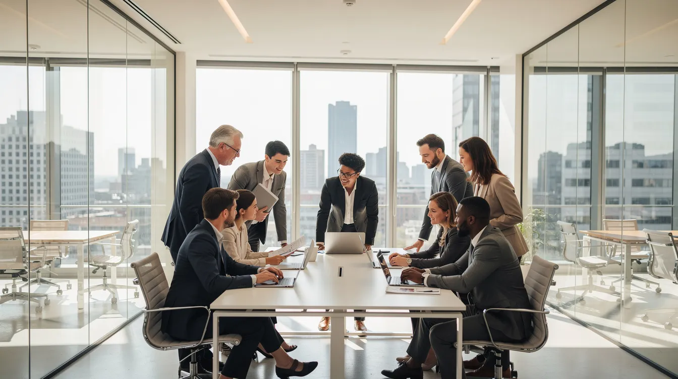 L'image montre des professionnels collaborant dans un bureau moderne, échangeant des idées autour d'une table. Ce cadre dynamique évoque l'importance de l'intégration des travailleurs qualifiés dans le marché du travail canadien, en lien avec les démarches d'immigration et les programmes de résidence permanente.