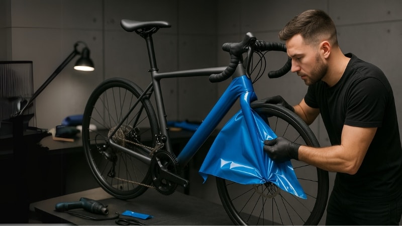 Professional process of vinyl wrapping a bicycle at a studio