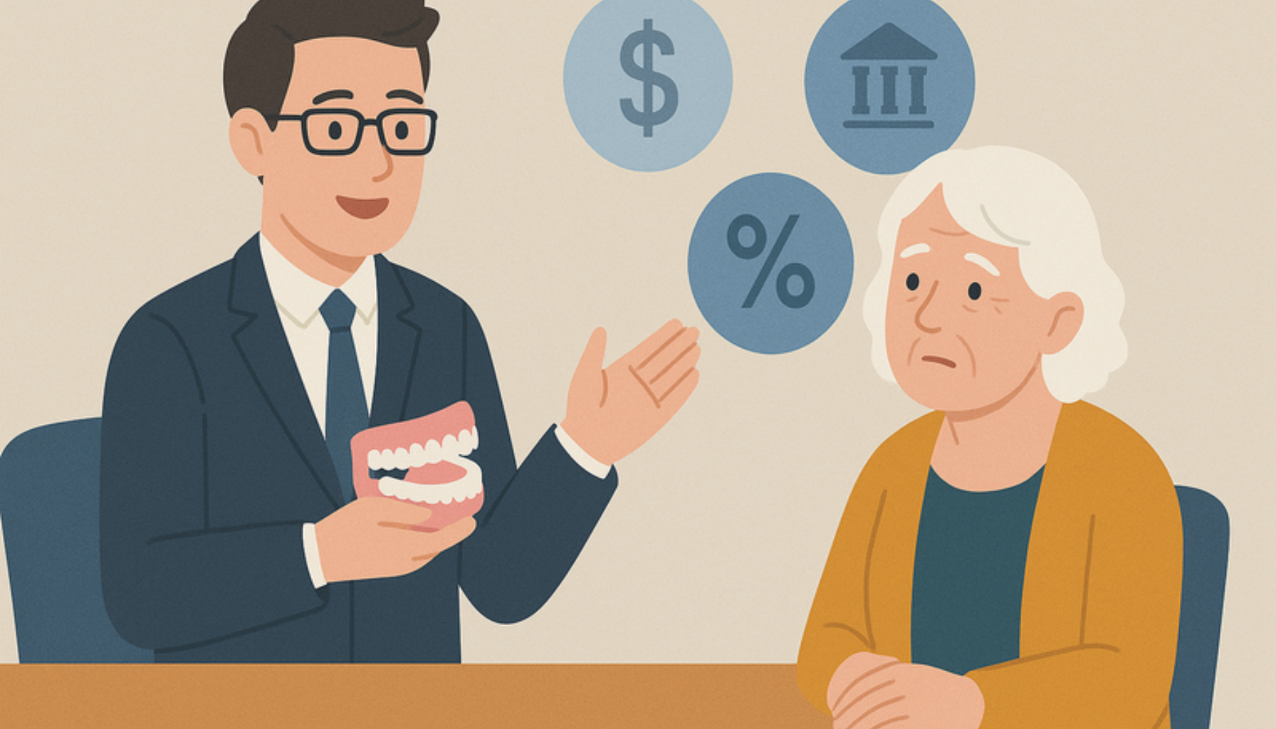 Rådgiver forklarer eldre kvinne økonomiske alternativer for tannproteser med symboler for penger, prosent og bank.