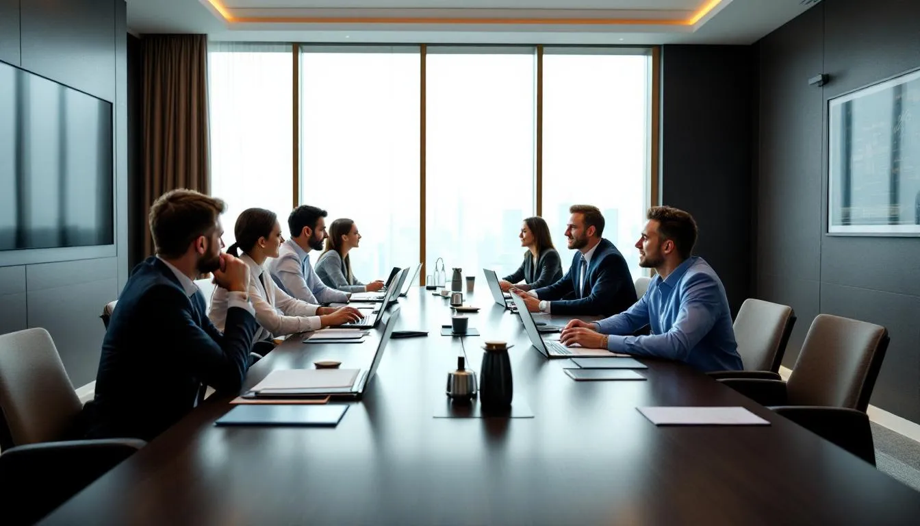 In a hotel conference room, hotel staff and tour operator representatives are engaged in a business meeting, discussing details about room allotments, including the number of rooms available and types of bookings for upcoming travel periods. The atmosphere is professional, with a table set for collaboration, highlighting the importance of effective management and negotiation in the hospitality industry.