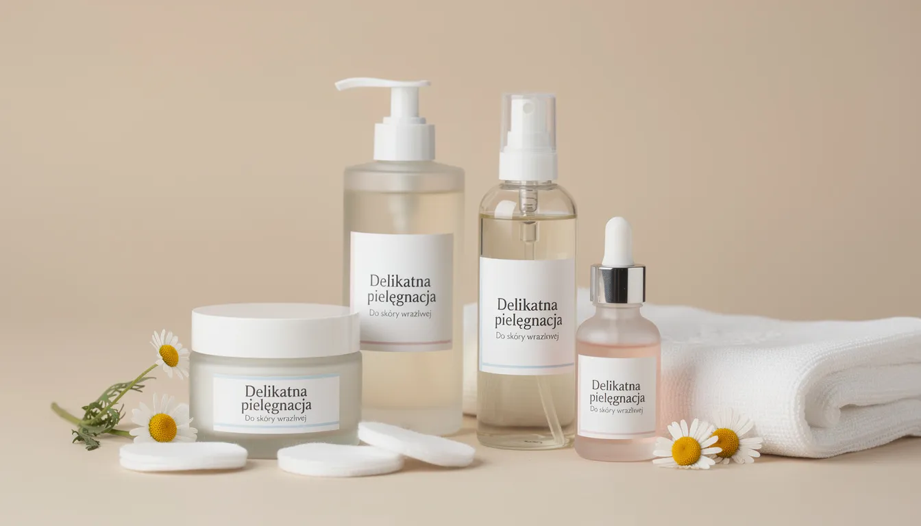 Na zdjęciu znajduje się zestaw delikatnych kosmetyków do pielęgnacji skóry wrażliwej, idealnych dla osób z trądzikiem różowatym. Produkty te są zaprojektowane, aby poprawić kondycję skóry i łagodzić objawy, takie jak przewlekłe zaczerwienienie oraz poszerzone naczynia krwionośne.
