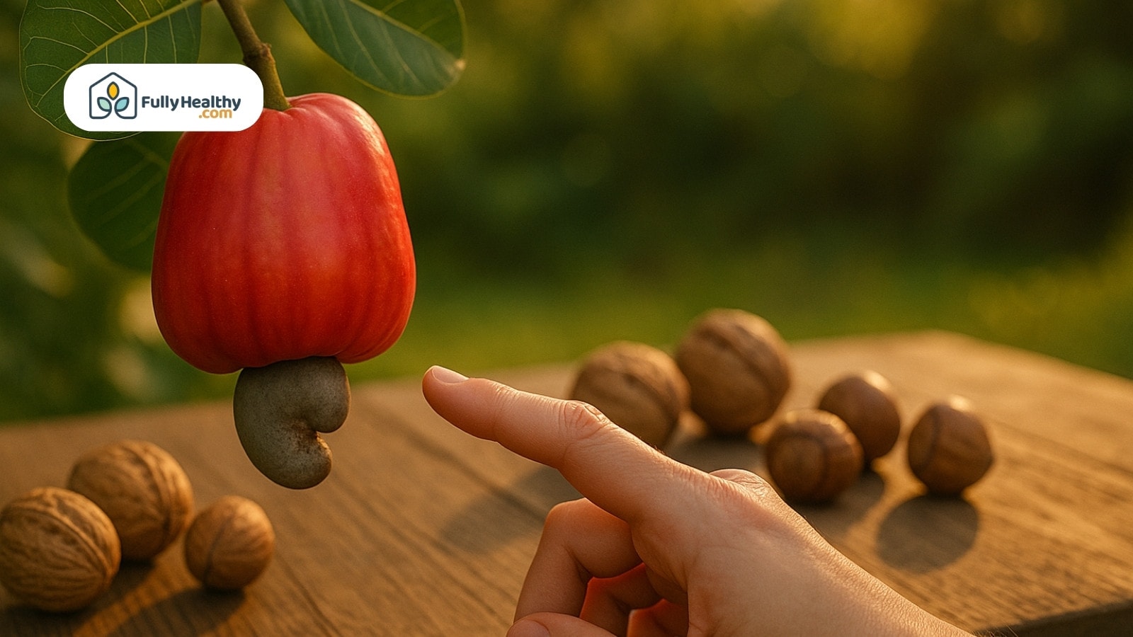 A hand points at a ripe cashew apple hanging from a tree branch