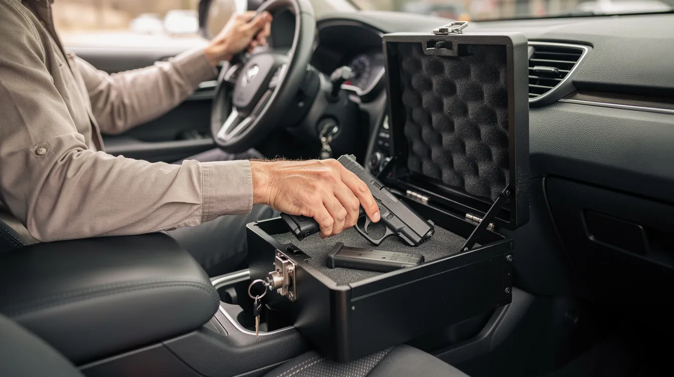The image depicts a person carefully placing a handgun into a vehicle console lockbox, highlighting the importance of safely storing firearms in accordance with Oklahoma gun laws. This action reflects responsible firearm possession and adherence to state and federal law regarding concealed carry.
