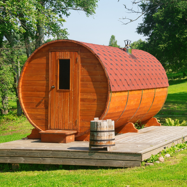 This is an image of an outdoor sauna, also called the barrel sauna
