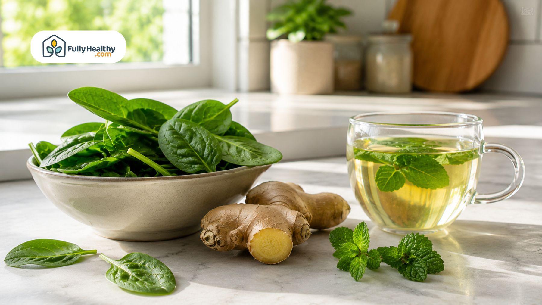 Fresh spinach leaves, ginger root, and peppermint tea arranged on a kitchen countertop.