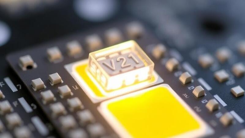 Close-up of V21 LED chip showing its small, high-efficiency chip design.