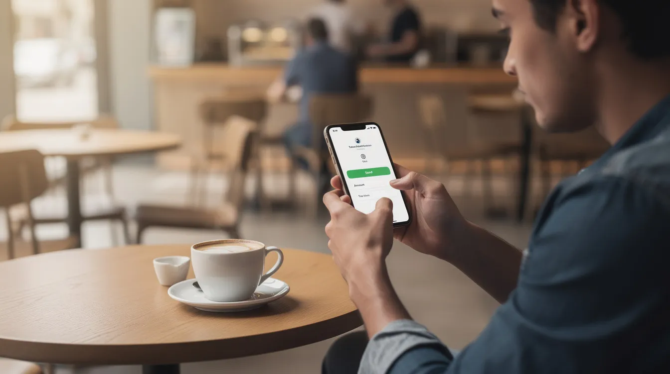 A person is sitting at a café, focused on their smartphone as they send money, with a steaming cup of coffee placed on the table. The scene captures the ease of using the Bank Alfalah Roshan Digital account for transactions on the go.