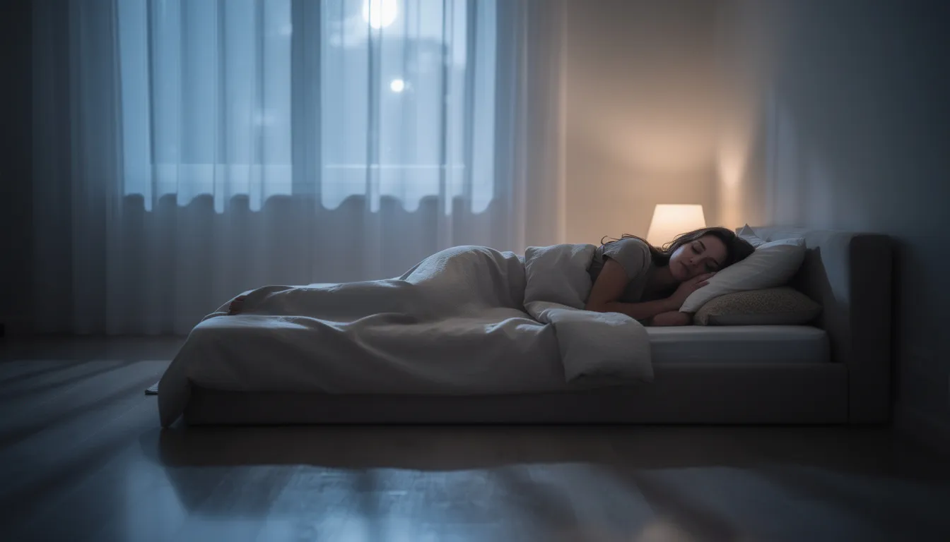 A person is peacefully sleeping in a calm bedroom, bathed in soft moonlight filtering through sheer curtains, creating a tranquil sleep environment ideal for restful nights. This serene scene evokes a sense of deep sleep, highlighting the importance of good sleep hygiene for maintaining healthy sleep patterns.