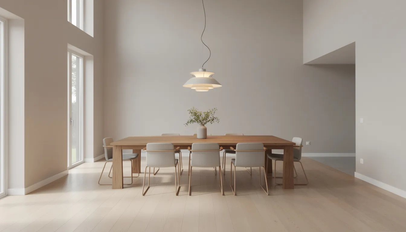 Een ruime eetkamer met hoge plafonds, waarin een grote houten eettafel staat, verlicht door een moderne designhanglamp. De inrichting biedt ongekende flexibiliteit en voldoet aan specifieke behoeften qua inrichting, waardoor een gezellige sfeer ontstaat.