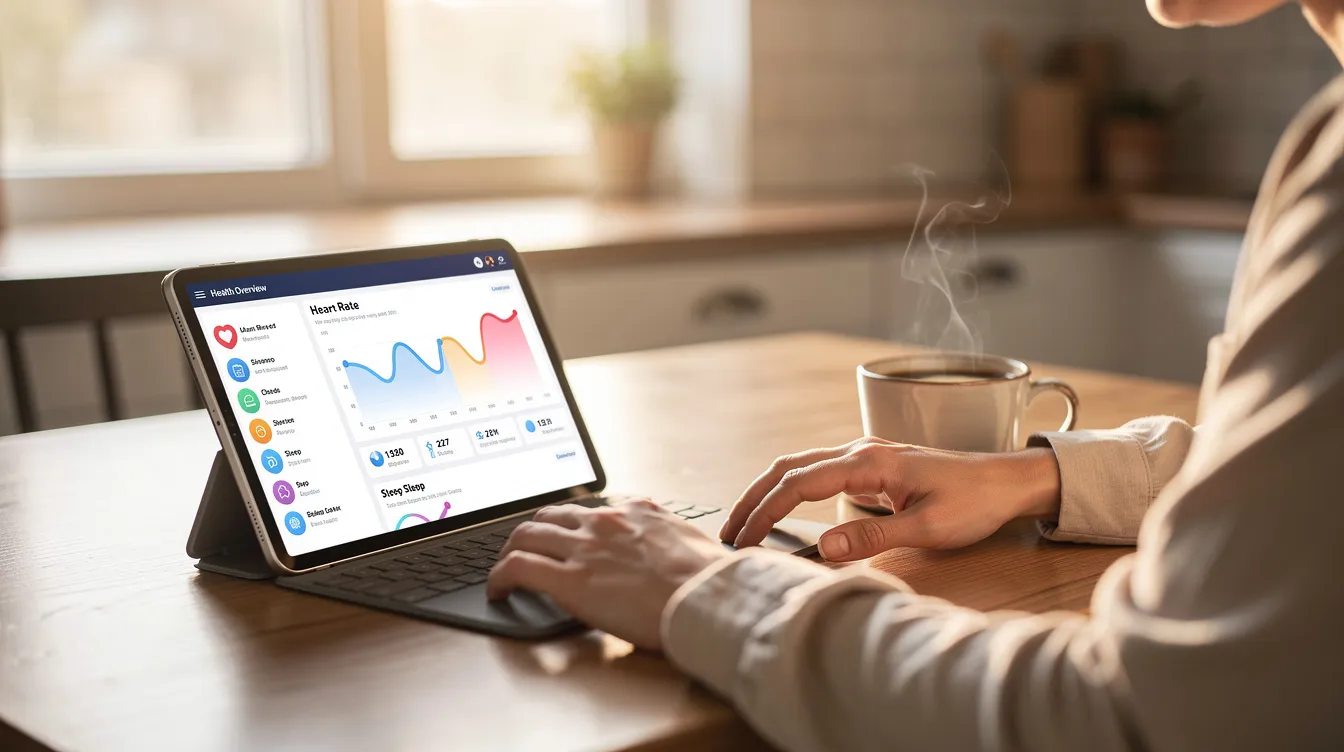A person is sitting at a table, reviewing health metrics on a tablet device while enjoying a cup of morning coffee. The scene suggests a focus on maintaining vitality and overall well-being, as the individual tracks aspects like sleep quality and energy levels in their daily routine.