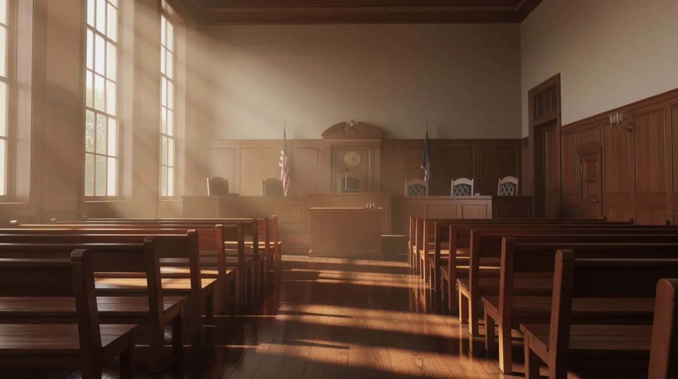 The image depicts a quiet courtroom with empty benches, illuminated by sunlight streaming through the windows, suggesting a serene yet solemn atmosphere. This setting evokes a sense of reflection on justice, possibly resonating with themes of oppression and deliverance found in God's word.