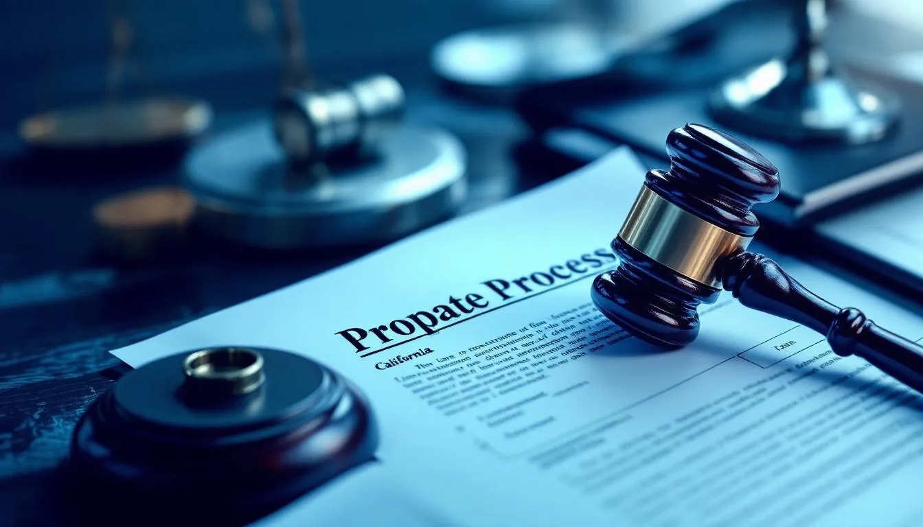 An overview of the probate process in California, featuring legal documents and a gavel.