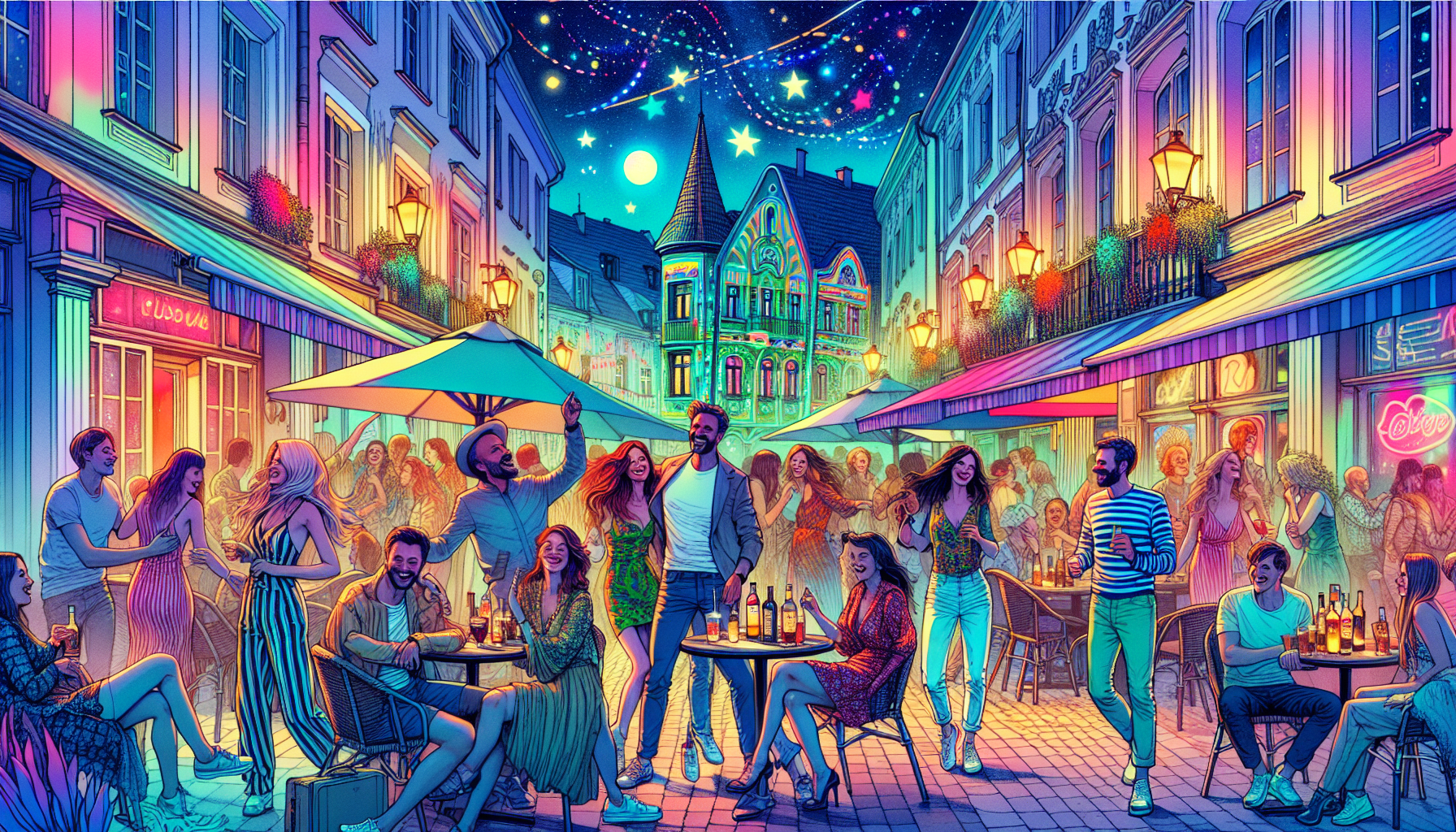 A bustling nightlife scene in Sopot, showcasing vibrant clubs and bars.
