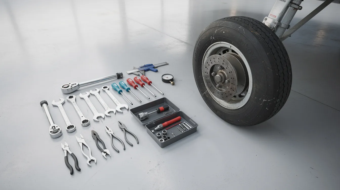 The image shows a variety of aircraft maintenance tools neatly arranged next to a small aircraft wheel assembly, highlighting the essential equipment used by aircraft mechanics during inspections and repairs. This setup reflects the technical skills and knowledge required in aviation maintenance, particularly for those pursuing a career in airframe and powerplant systems.