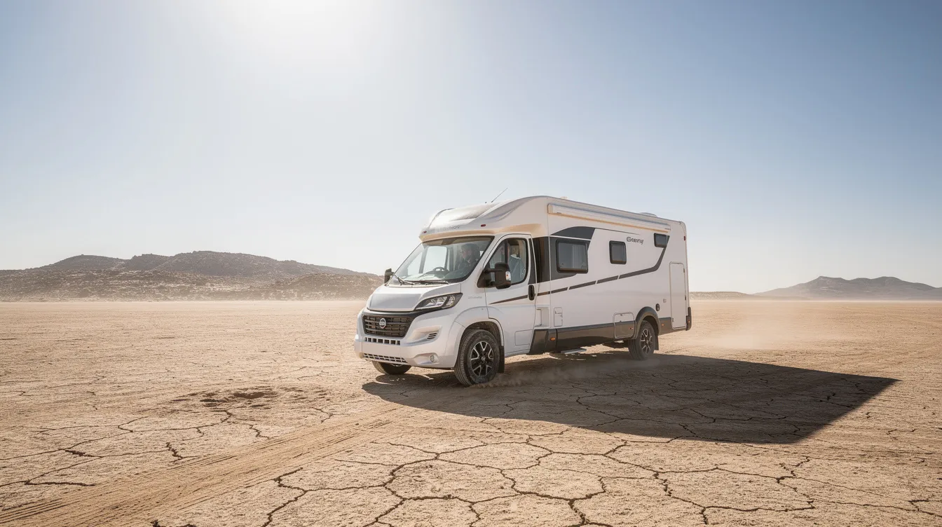 A motorhome is parked in a vast desert landscape, surrounded by golden sand dunes under an intense sun, creating a heat shimmer effect. The scene emphasizes the need for an efficient RV air conditioner to stay cool in such hot climates.