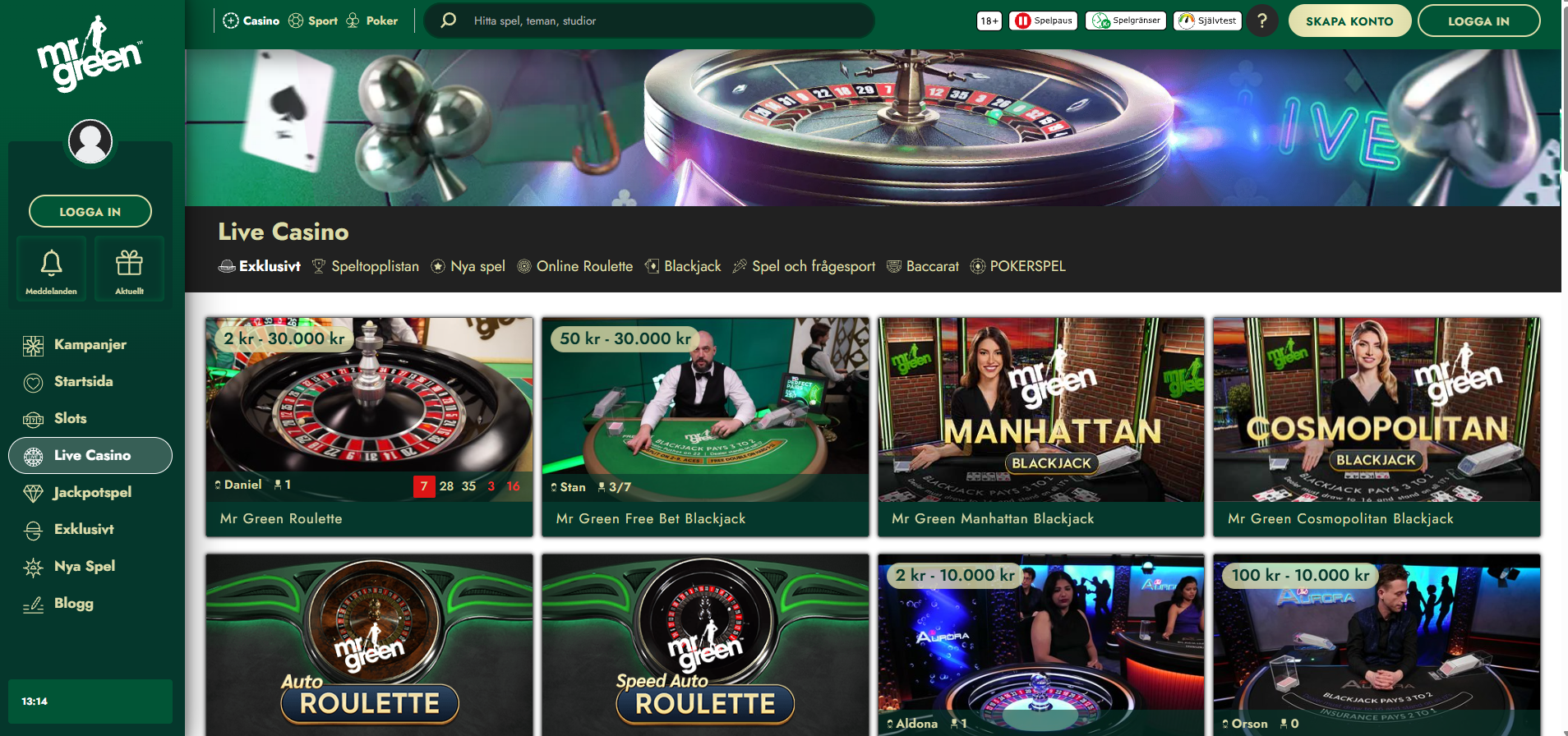 Mr Greens live casino med roulette och blackjack.