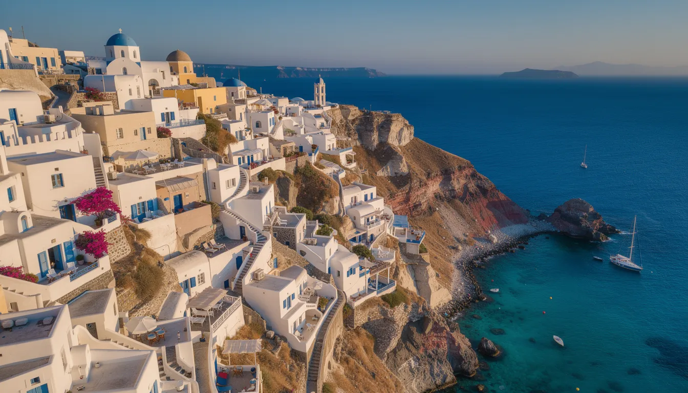 An aerial view showcases a picturesque Cycladic village with whitewashed houses cascading down a hillside, leading to stunning turquoise waters of the Aegean Sea. This scene captures the essence of the Greek islands, highlighting the beautiful beaches and traditional architecture that characterize this famous island group.