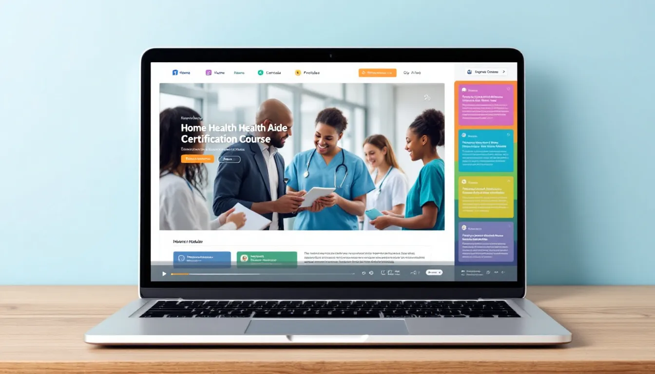 An online home health aide certification course interface displayed on a laptop screen.
