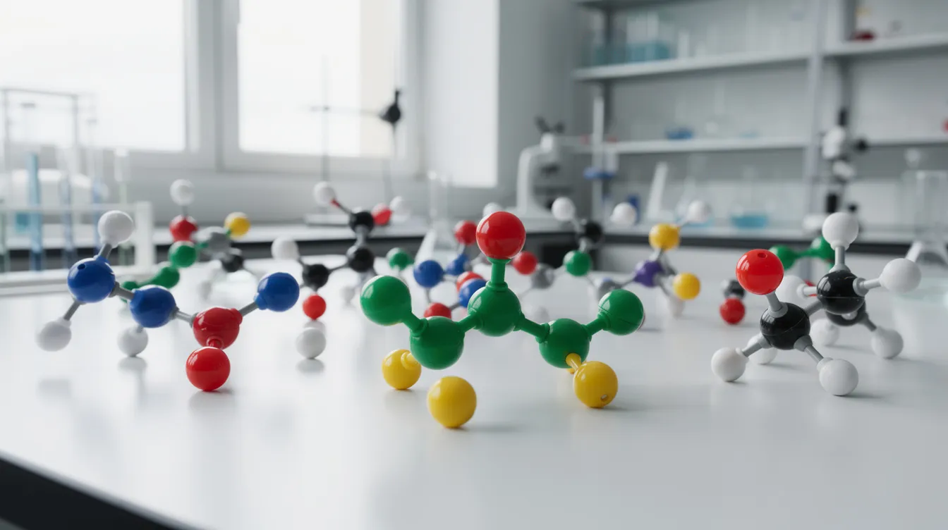 Na laboratoryjnym stole znajdują się kolorowe modele kulek, kt&oacute;re reprezentują atomy r&oacute;żnych pierwiastk&oacute;w, symbolizując łączenie się atom&oacute;w oraz reakcje chemiczne. Obrazek ilustruje r&oacute;żnorodność atom&oacute;w i cząsteczek, co jest istotne w nauce chemii w klasie 7.