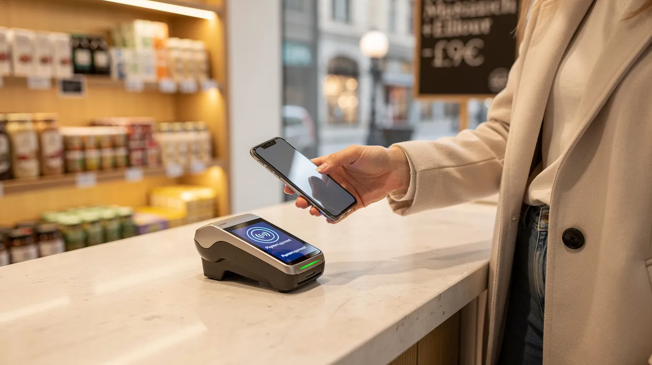 A person is tapping their phone on a payment terminal in a modern European shop, utilizing mobile wallets like Google Pay or Apple Pay to complete a transaction. This scene highlights the convenience of local payment methods and the growing trend of tech-savvy companies in the European market.