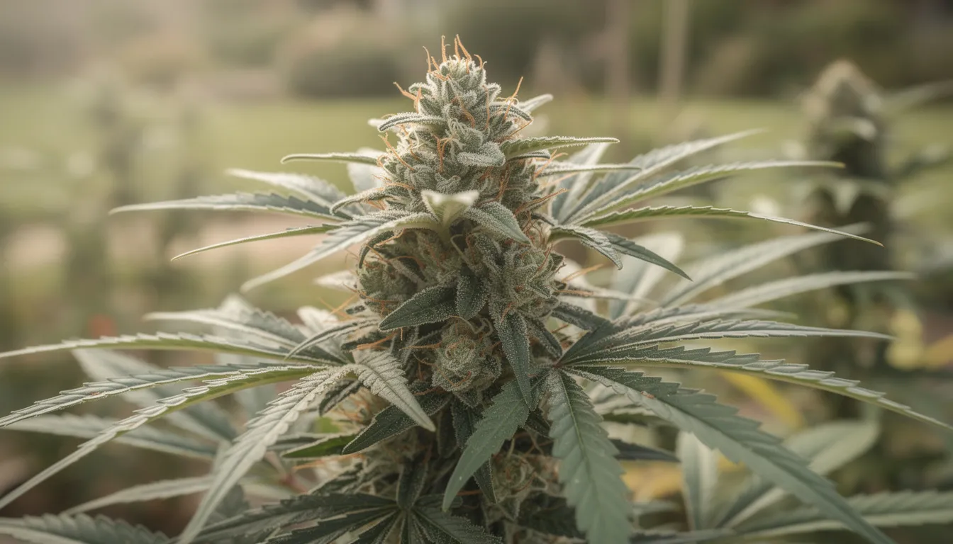 Die Nahaufnahme zeigt eine Cannabispflanze mit üppigen Blütenständen, die im natürlichen Licht leuchten. Die Details der Blätter und Blüten sind sichtbar, was die Eigenschaften und die Struktur der Pflanze verdeutlicht, die reich an Cannabinoiden wie THC sind.