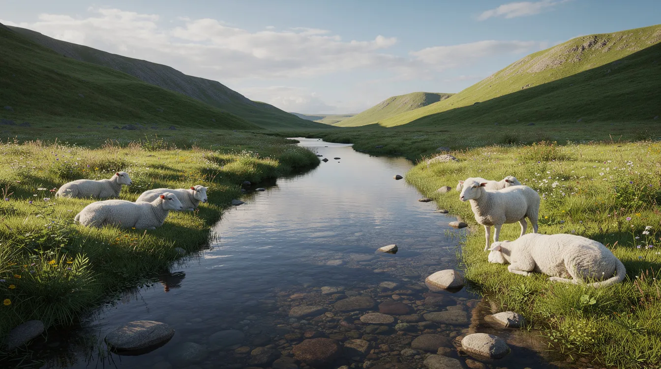 The image depicts a serene green valley where a gentle stream flows, with sheep resting peacefully beside the water under a vast sky. This scene reflects the biblical motif of the good shepherd, symbolizing care and guidance as portrayed in scripture, where the Lord is my shepherd, leading God's flock to green pastures.