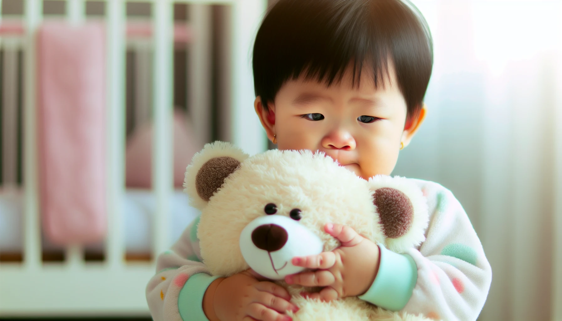 Baby hugging a soft plush toy