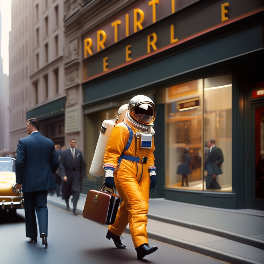 Brightly coloured image of an astronaut in New York, carrying a briefcase 