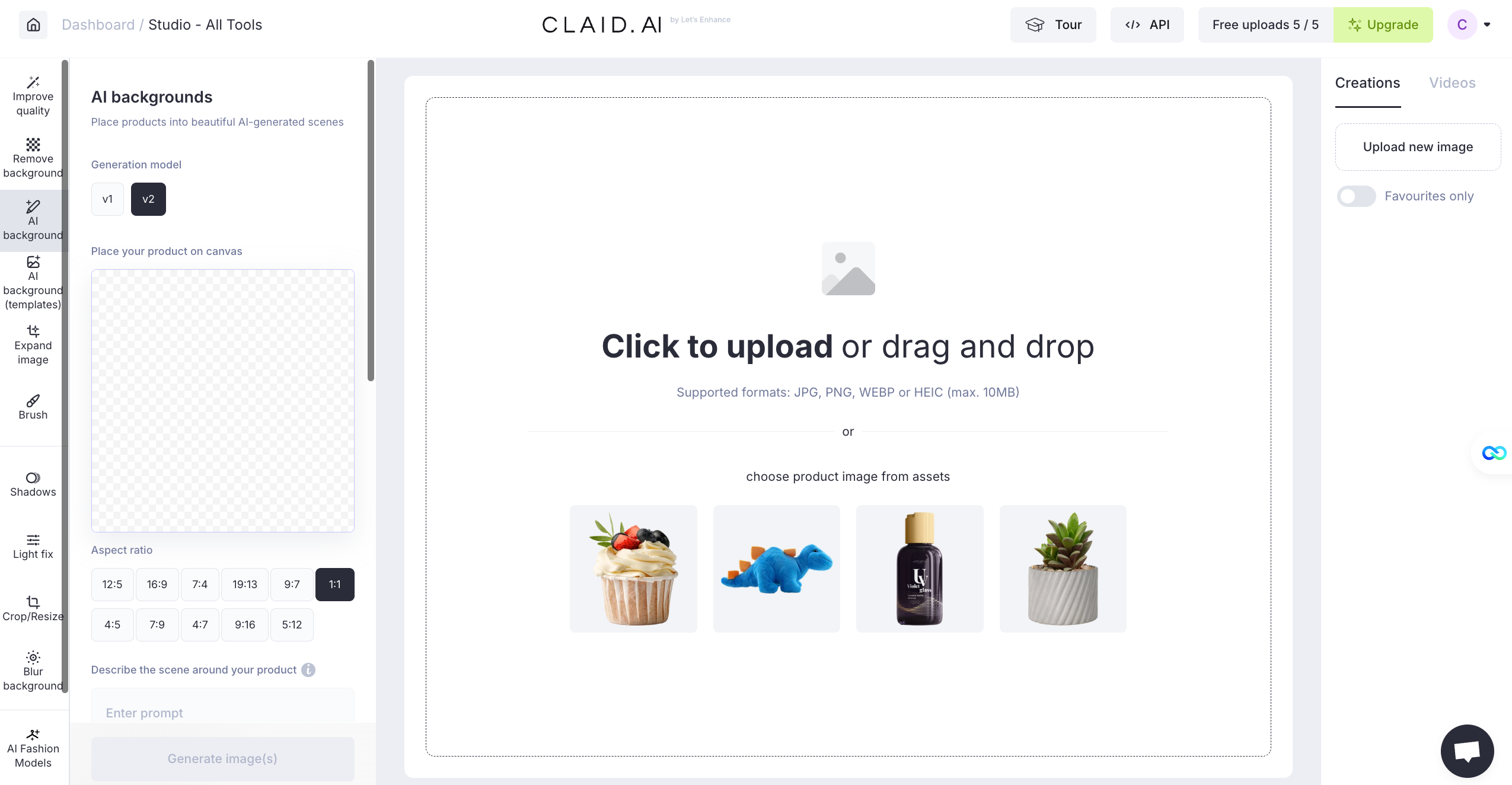 Claid.ai dashboard showing AI background generator with product upload area, prompt input, and aspect ratio controls for structured mockup creation.