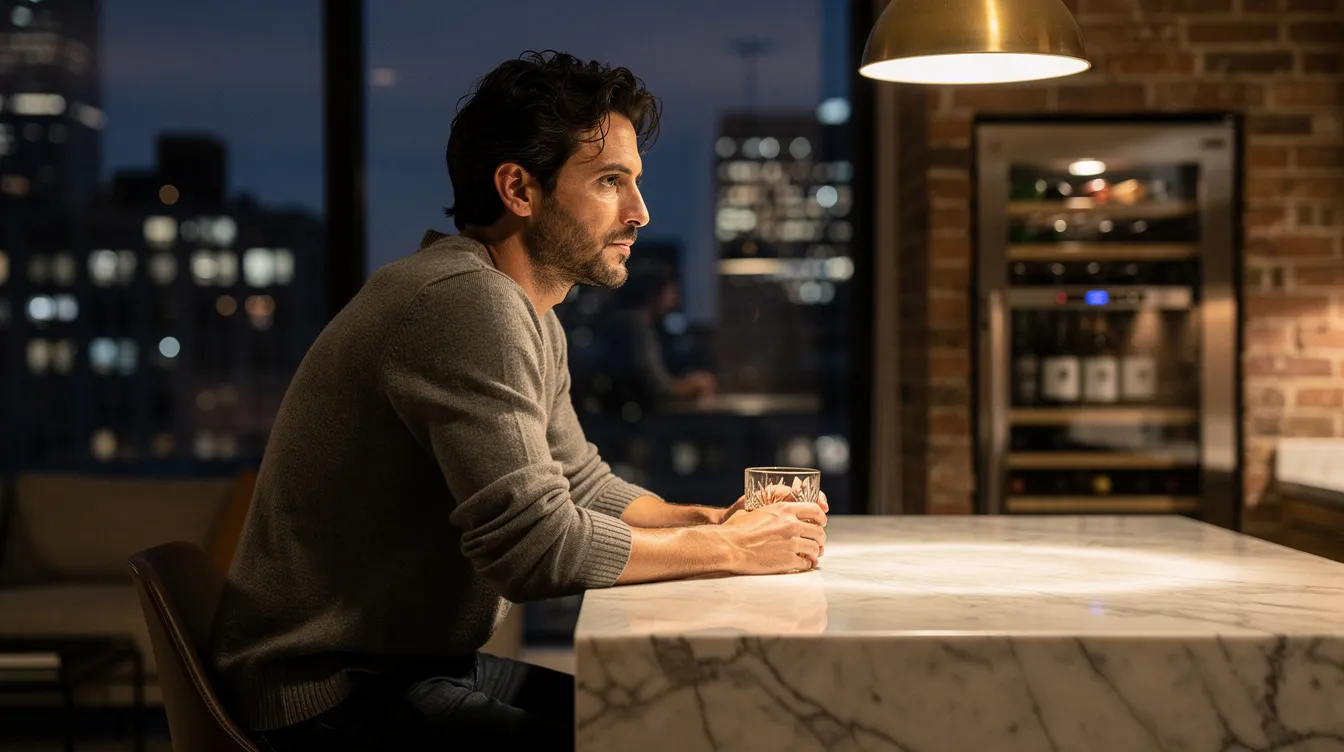 The image depicts a striking man in his early 30s, with Mediterranean features and dark wavy hair, sitting alone at a kitchen island in a luxury Upper West Side apartment at night. He holds a crystal glass of bourbon, exuding a sense of calm introspection amidst the backdrop of the Manhattan skyline, highlighting the emotional nuances of personal growth and the quiet hum of internal disconnection beneath external success.