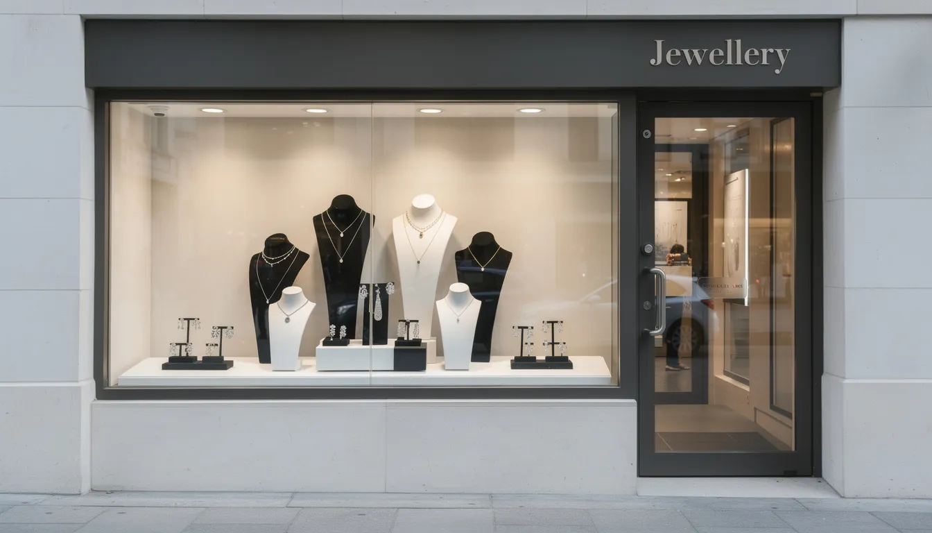 The image depicts the shopfront of a jewellery store, showcasing an enticing window display filled with elegant necklaces and earrings, designed to attract potential customers. The vibrant display highlights the store's focus on quality and style, reinforcing its visibility in local search engines.
