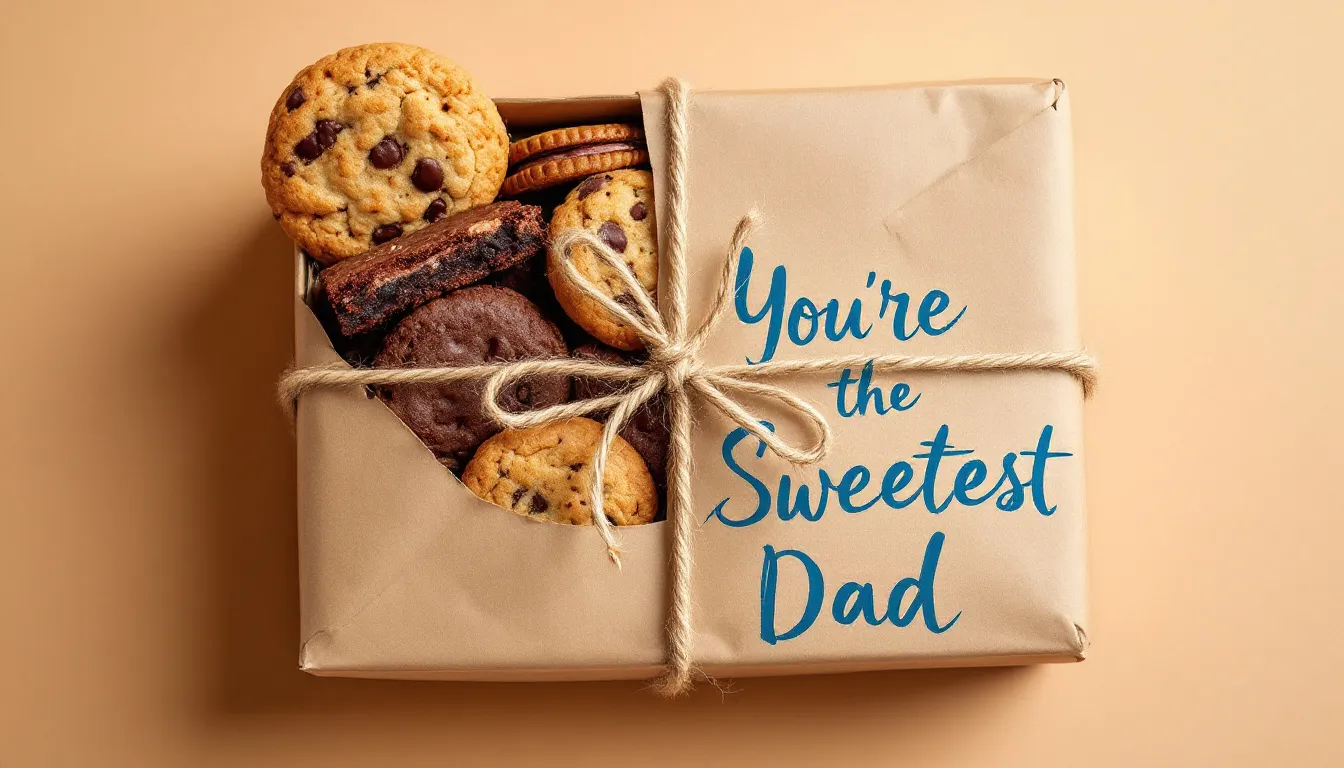 A beautifully wrapped box of homemade cookies or brownies sits on a table, adorned with a 'You’re the Sweetest Dad' tag, making it an ideal budget-friendly Father's Day gift that is sure to impress any father figure. The kraft paper and twine add a charming touch to this thoughtful treat, perfect for celebrating Father's Day with loved ones.