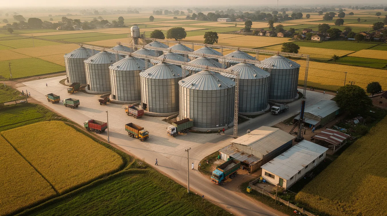 ae6f73aa e251 4d43 acf4 bc22ec687077 An aerial view showcases large steel grain silos strategically placed amidst vast agricultural fields and truck loading areas in rural India, emphasizing the importance of grain storage facilities for enhancing food security and reducing post-harvest losses. The image highlights the infrastructure development necessary for efficient storage methods, allowing farmers to manage harvested grain and maintain optimal moisture levels for long-term storage.