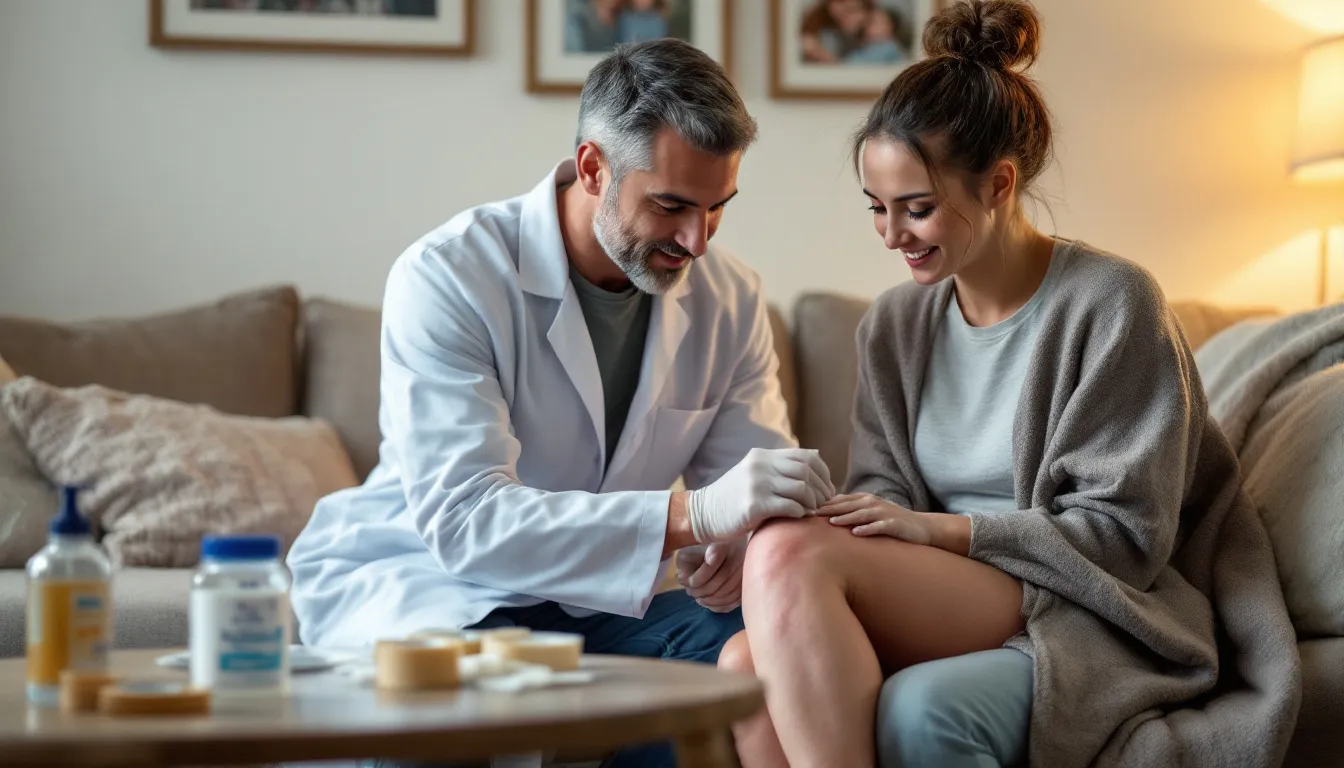 A healthcare provider assessing a patient's wound in a home setting, illustrating the unique challenges of wound care.