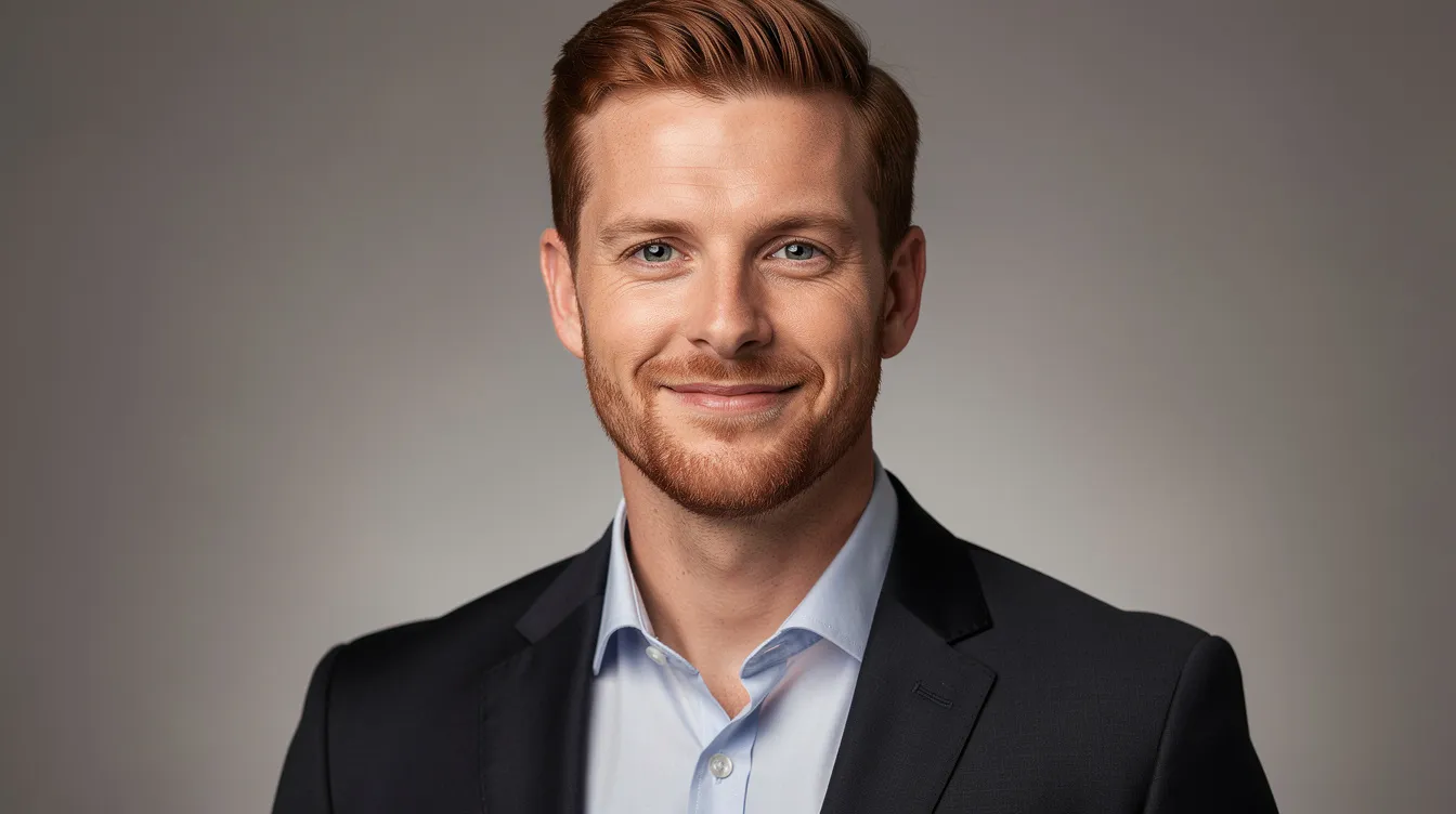 A professional headshot of an attractive male real estate agent in his early-to-mid 30s, featuring neatly styled brownish-red hair and light scruff. He is dressed in a tailored dark suit and a crisp dress shirt, displaying a confident and approachable expression with a slight smile, making direct eye contact with the camera against a neutral blurred background, embodying the qualities of a knowledgeable real estate professional ready to assist buyers in their property transactions.